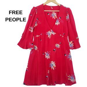 FREE PEOPLE Feminine Red Floral Button Detail Long Sleeve Dress Size Medium